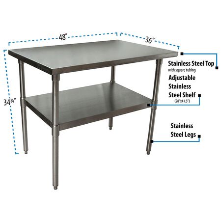 Bk Resources Work Table 16/304 Stainless Steel With Stainless Steel Shelf 48"Wx36"D CVT-4836